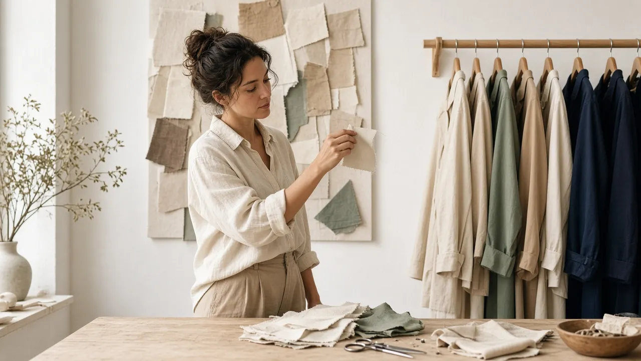 A designer choosing fabrics in her atelier
